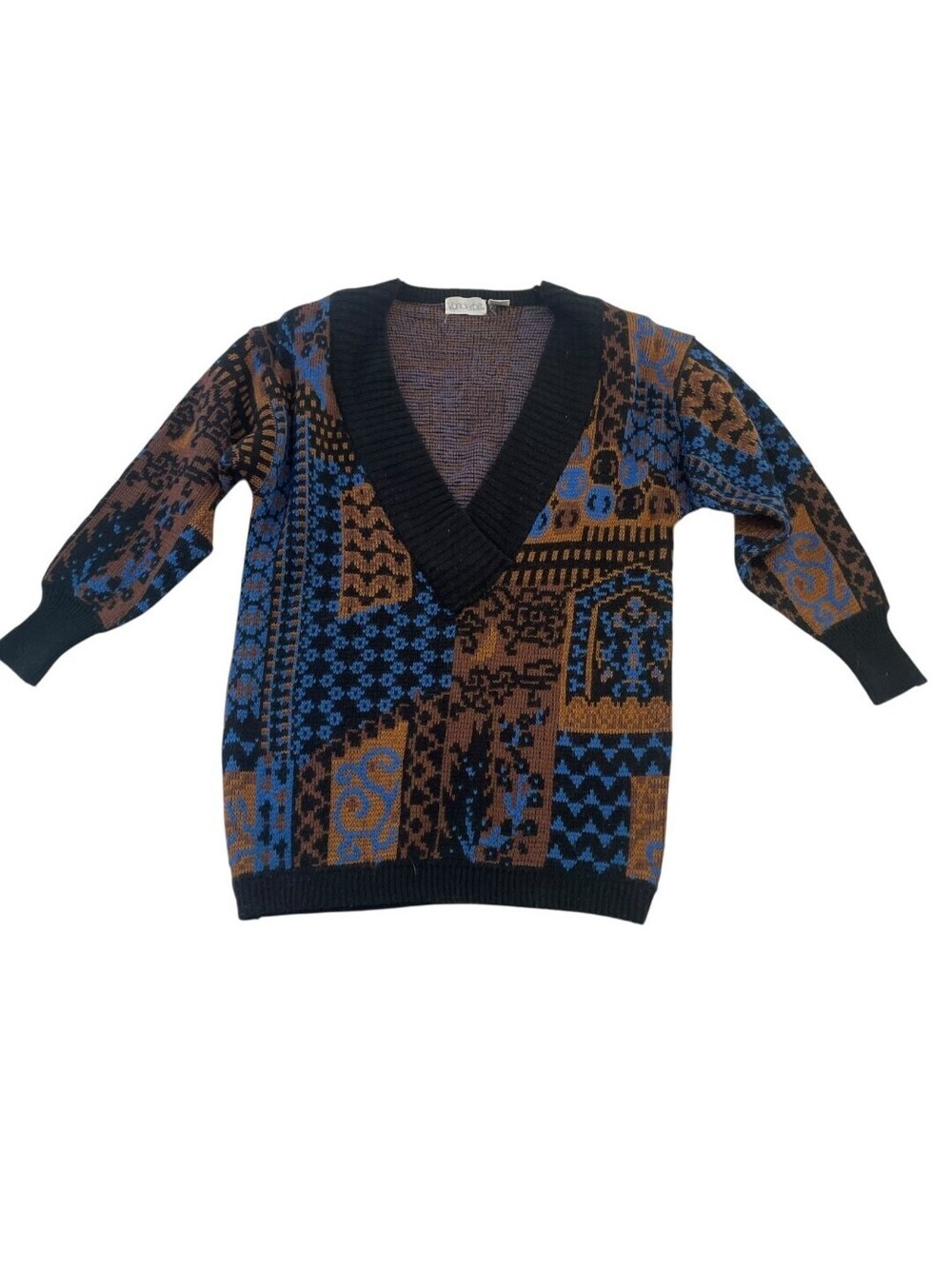 Vanderbilt Sweater Womens S V-Neck Long Sleeve Vintage 80s Brown Blue Black